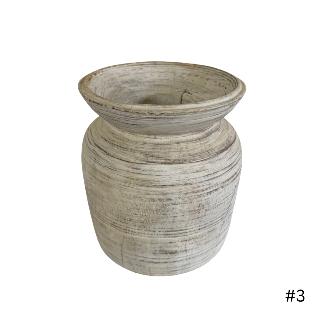 Vintage Indian Wooden Pot - Whitewash