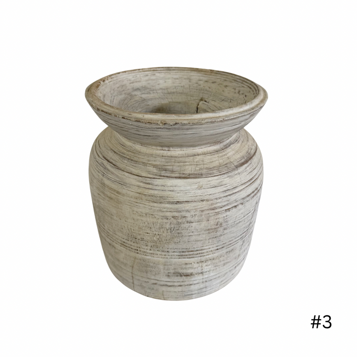 Vintage Indian Wooden Pot - Whitewash