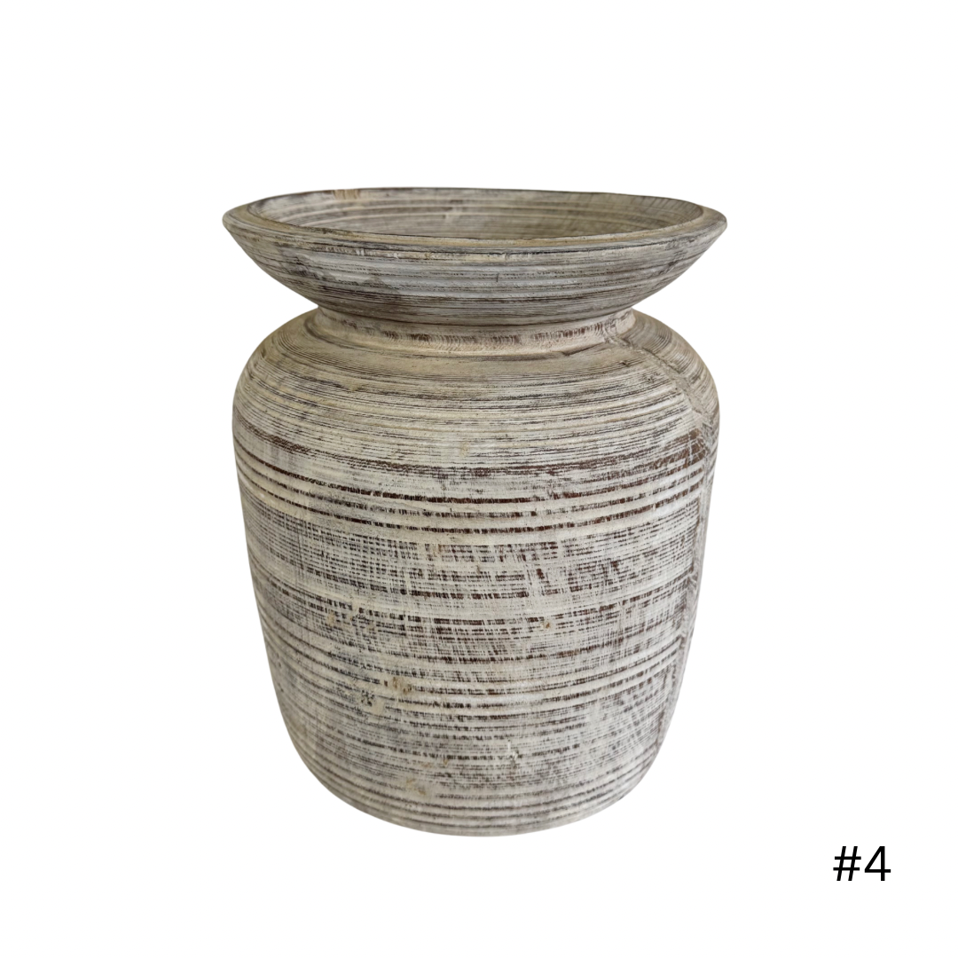 Vintage Indian Wooden Pot - Whitewash