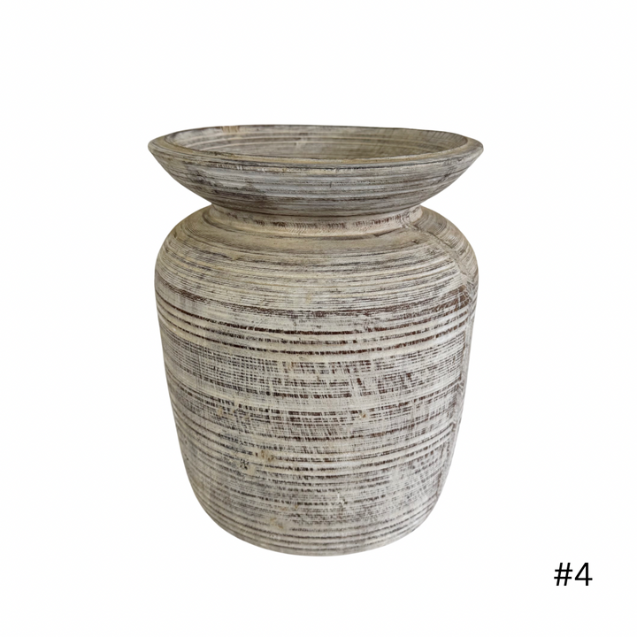 Vintage Indian Wooden Pot - Whitewash