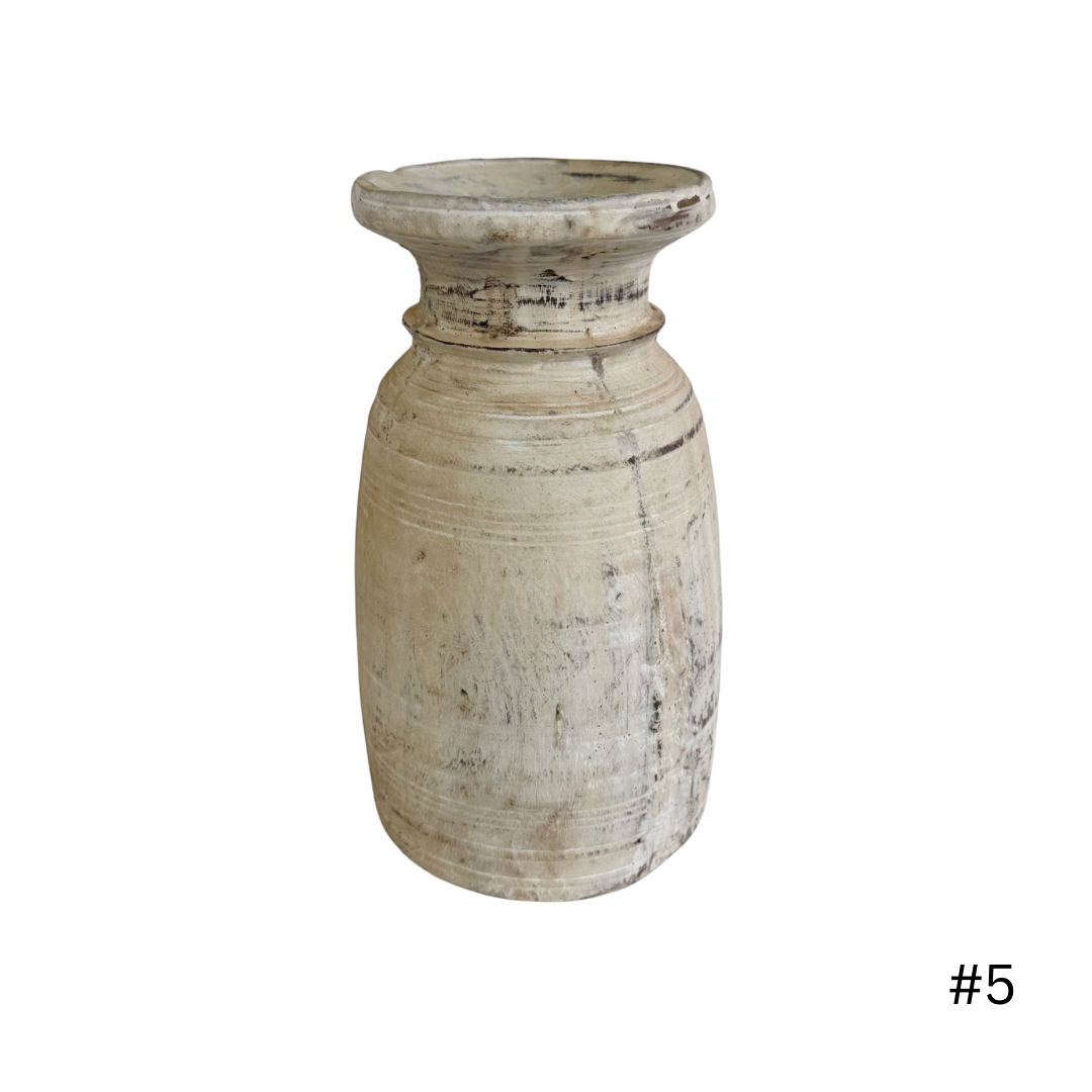 Vintage Indian Wooden Pot - Whitewash