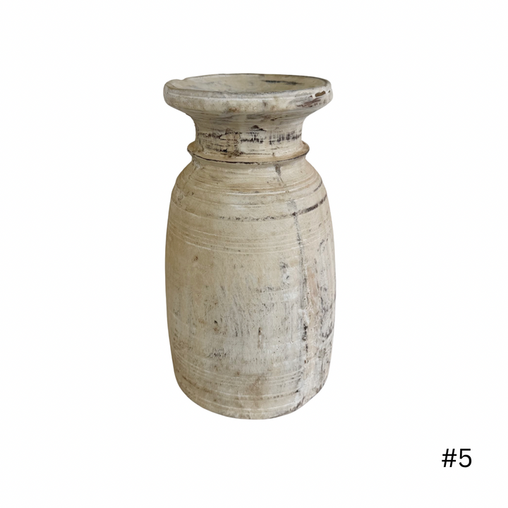 Vintage Indian Wooden Pot - Whitewash