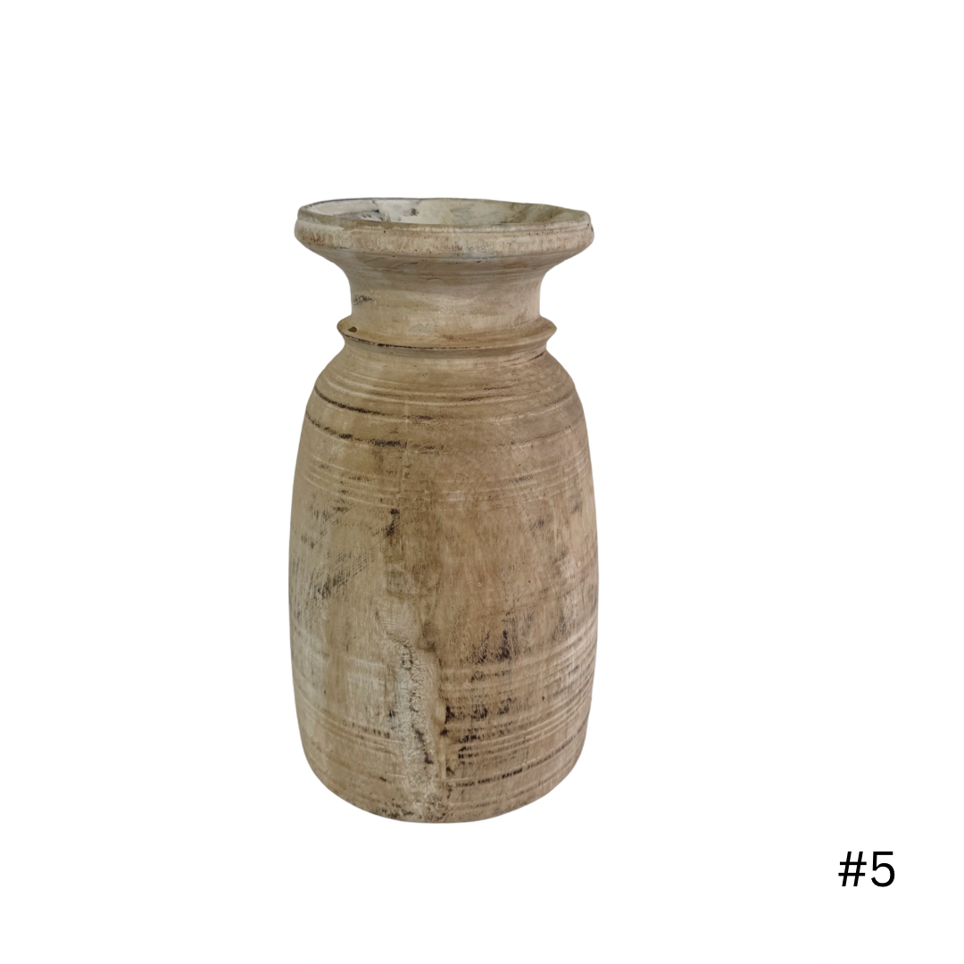 Vintage Indian Wooden Pot - Whitewash