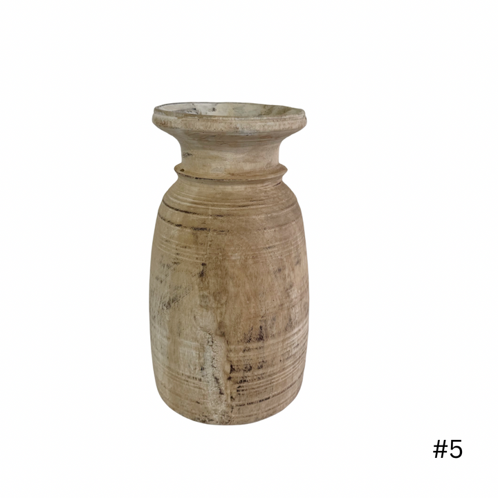 Vintage Indian Wooden Pot - Whitewash