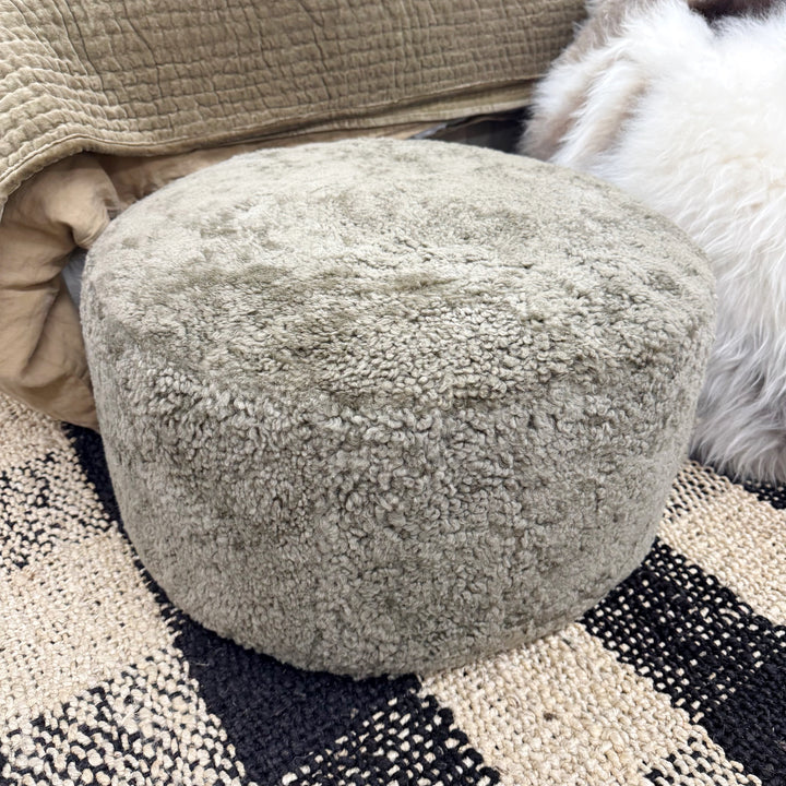 Short Curly Wool Ottoman 30x60cm - Leather/Nomad