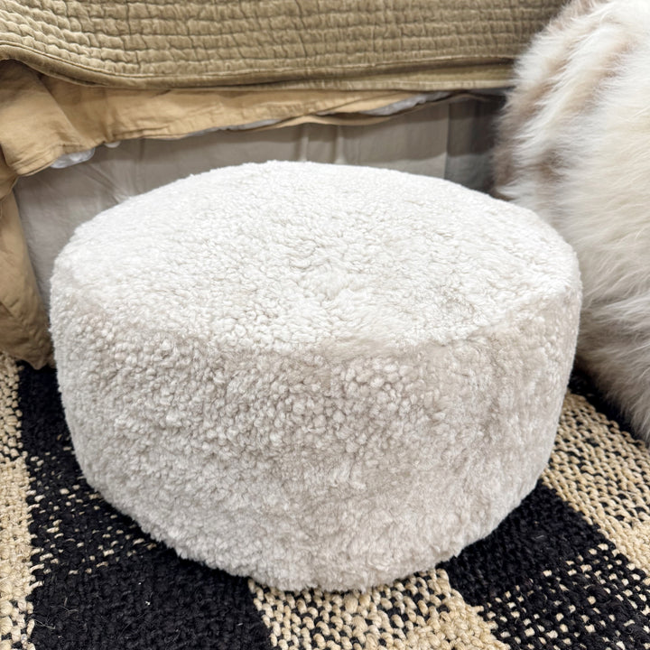 Short Curly Wool Ottoman 22x50cm - Leather/Oatmeal