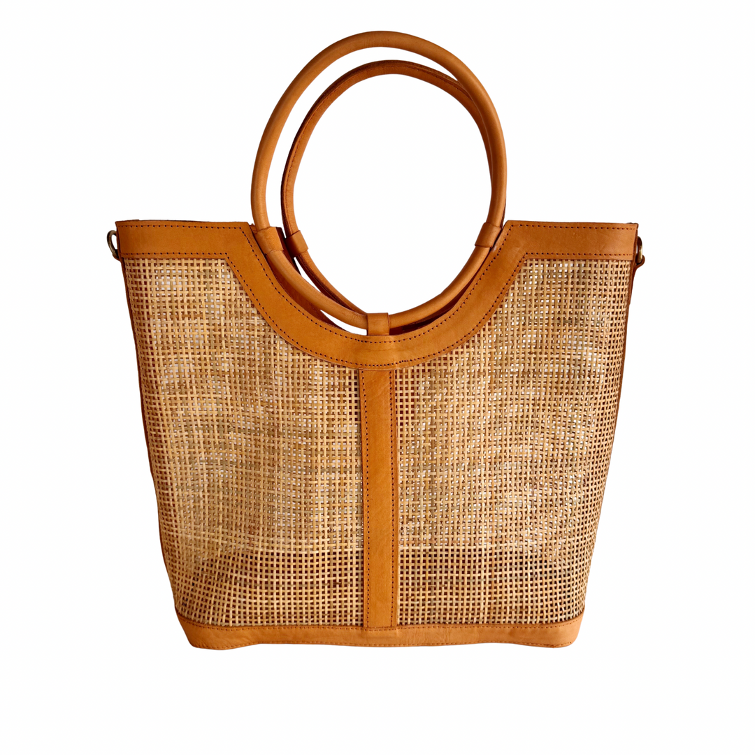 Elara Rattan & Leather Tote Bag