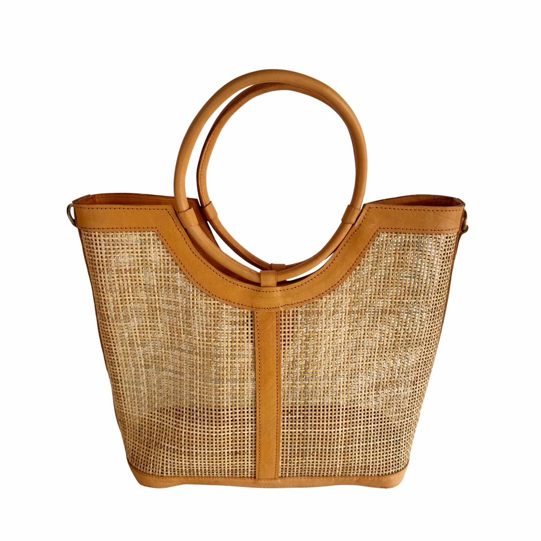 Elara Rattan & Leather Tote Bag