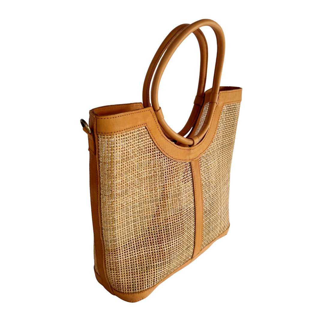 Elara Rattan & Leather Tote Bag