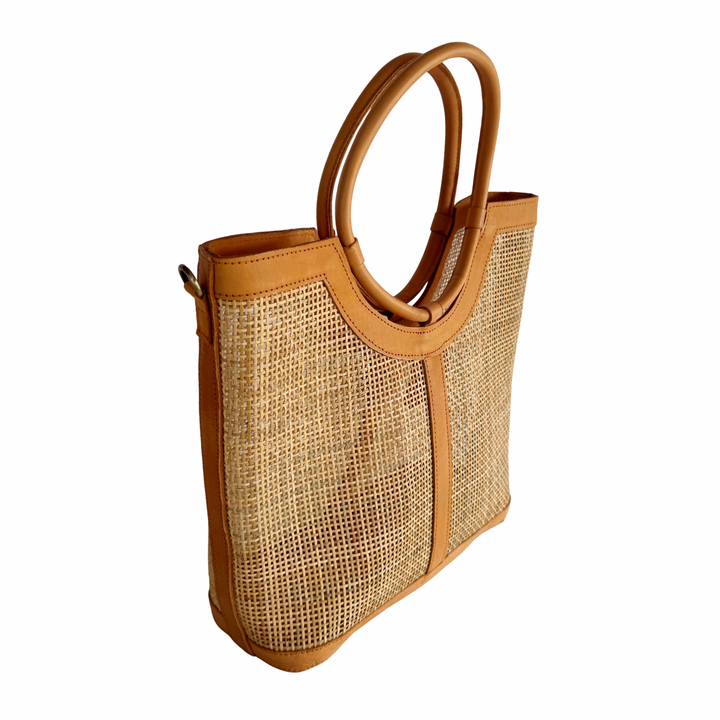 Elara Rattan & Leather Tote Bag