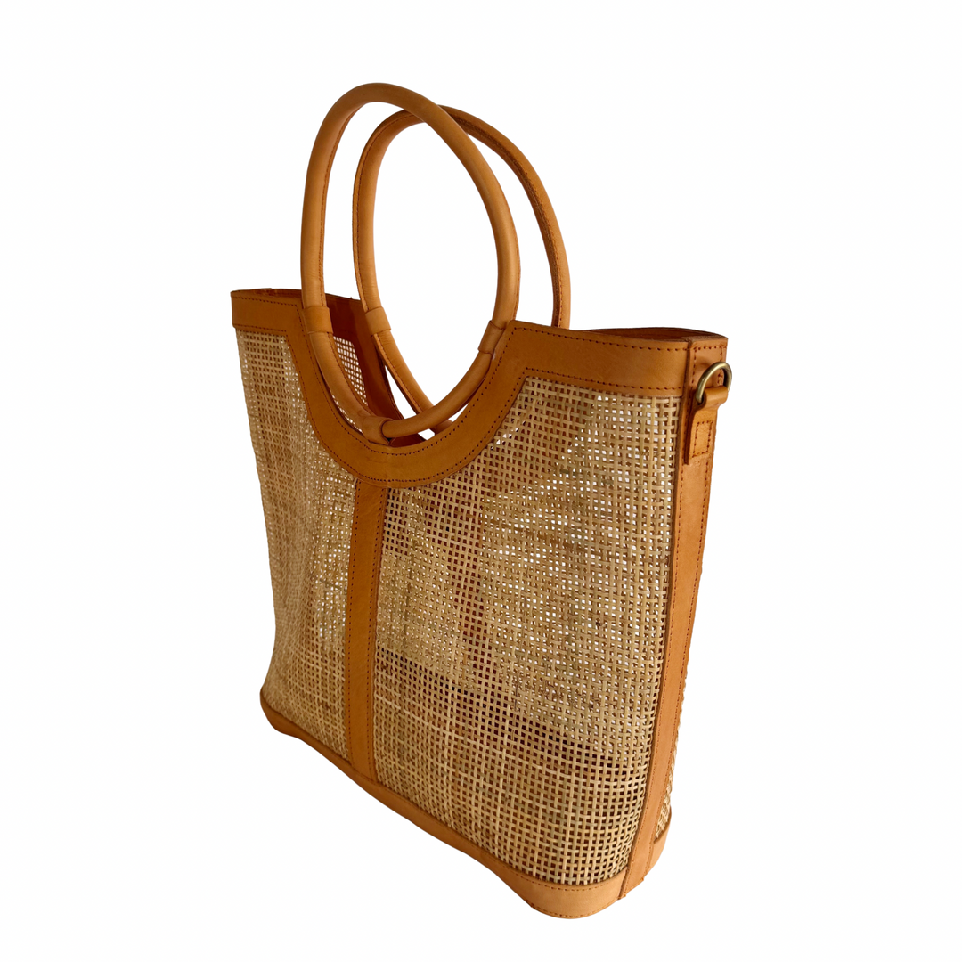 Elara Rattan & Leather Tote Bag