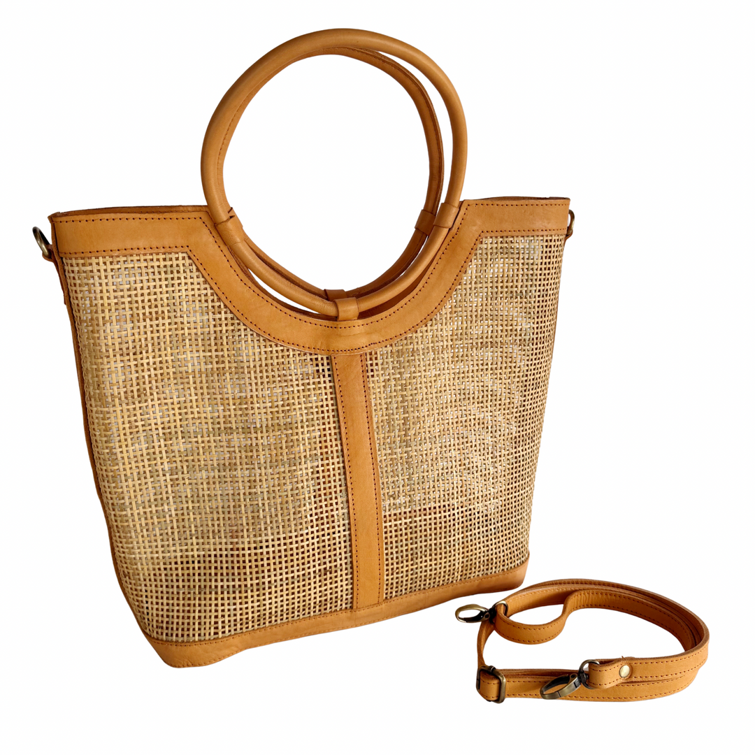 Elara Rattan & Leather Tote Bag