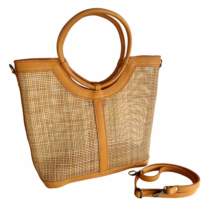 Elara Rattan & Leather Tote Bag