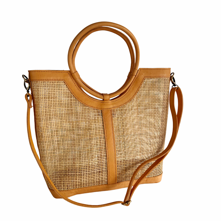 Elara Rattan & Leather Tote Bag