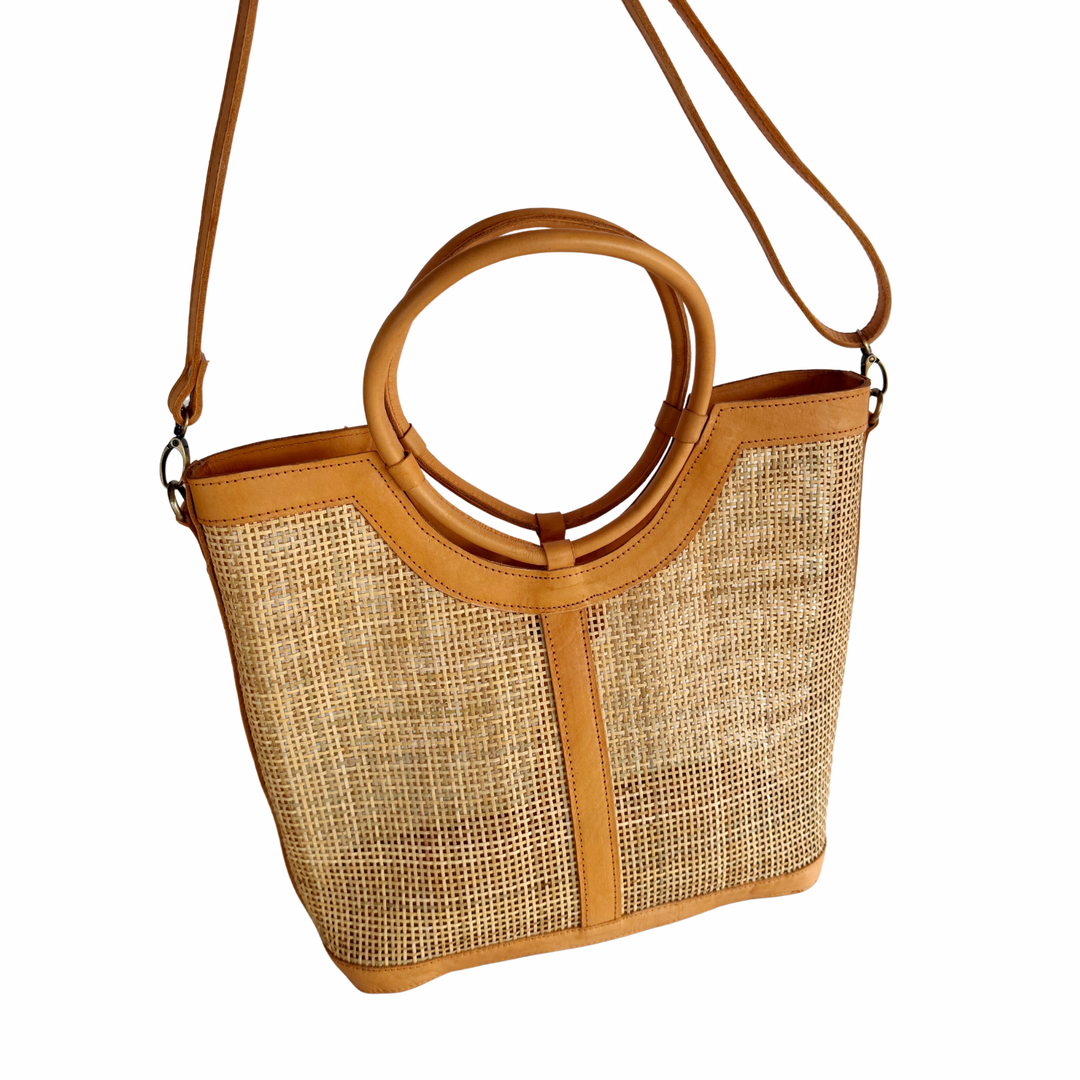 Elara Rattan & Leather Tote Bag