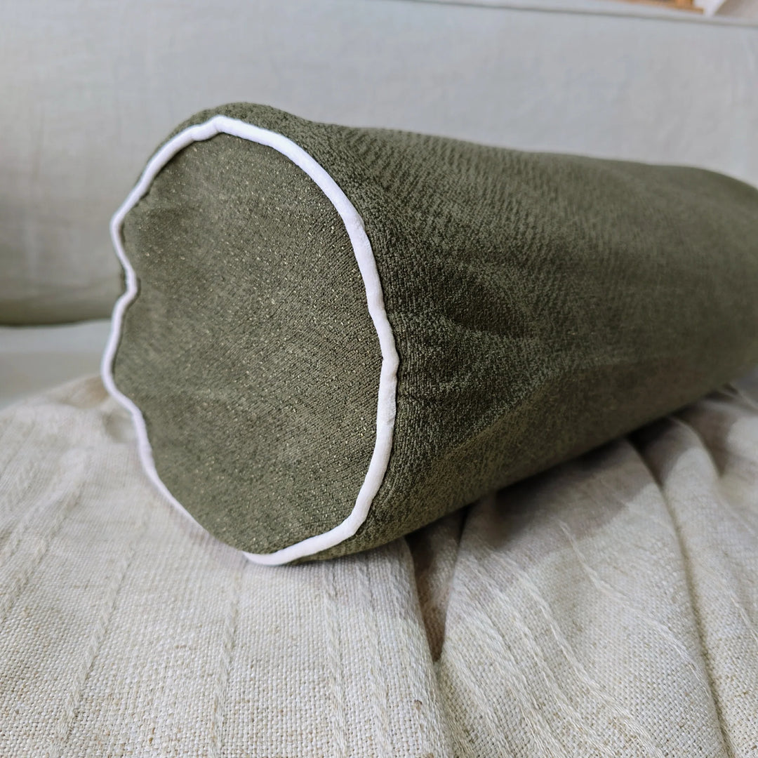 Hailey Linen Chenille Bolster Cushion 60cm - Moss Green/Natural Piping