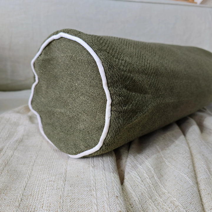 Hailey Linen Chenille Bolster Cushion 60cm - Moss Green/Natural Piping